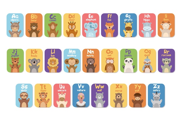 Cartões de alfabeto para crianças pré-escola educacional aprendendo cartão abc com conjunto de ilustração vetorial de desenho animado de animais e letras flashcards com personagens fofos e palavras em inglês colocadas em ordem alfabética