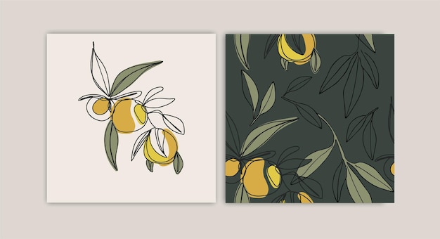 Cartões de coleção lindos frutos e folhas laranja, vetor padrão sem costura