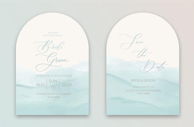 Cartões de convite de arco de casamento azul marinho design de coleção de estilo aquarela aquarela