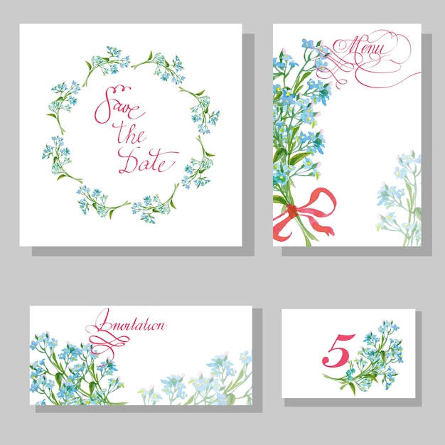 Cartões de convite de casamento com myosotis aquarela com lugar para sua ilustração textvector