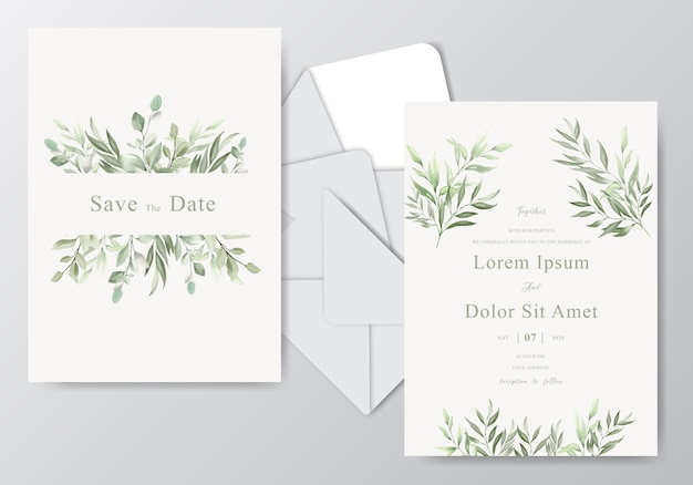 Cartões de convite de casamento elegante em aquarela com folhas bonitas