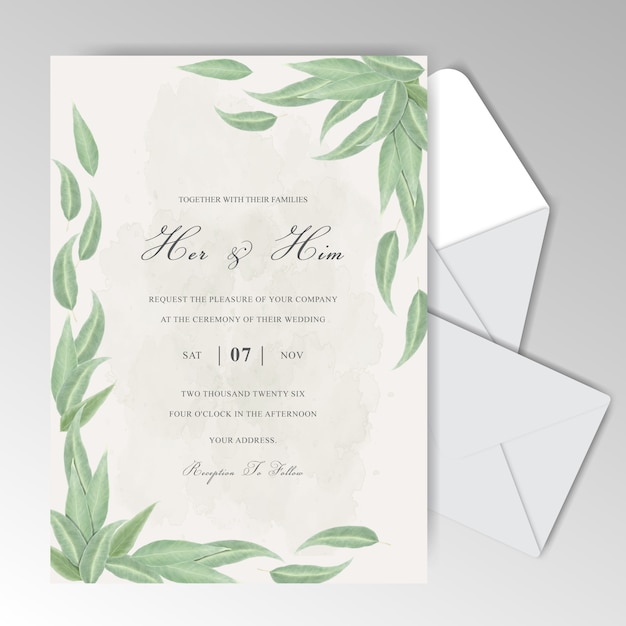 Cartões de convite de casamento em aquarela com folhas elegantes