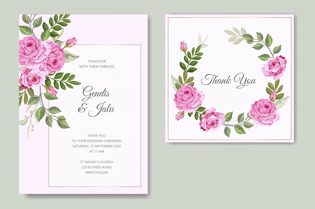 Cartões de convite de casamento lindo quadro floral com rosas e folhas