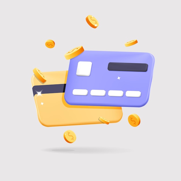 Cartões de crédito de vetor 3D com moedas de dólar de ouro voadoras ilustração de design de renderização de desenhos animados