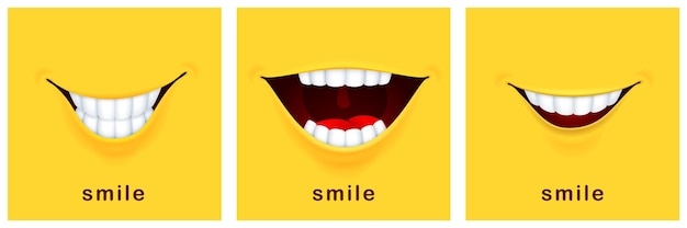 Cartões de dia de sorriso. sorrisos felizes, humor positivo. banners de riso amarelo, design engraçado e sorridente. sucesso pensamento ou saudações boca modelos vetor símbolos. cartão de alegria de sorriso feliz, ilustração de banner divertida