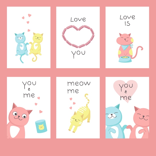 Cartões de dia dos namorados com gatos no amor, corações, letras de texto de caligrafia. vetorial mão ilustrações desenhadas.