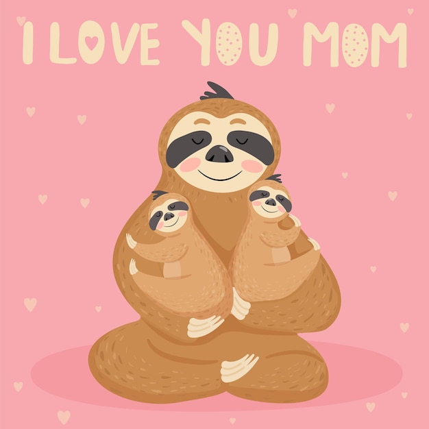 Vetor cartões de feliz dia das mães mãe preguiça sentada com bebês gêmeos eu te amo mãe ilustração vetorial