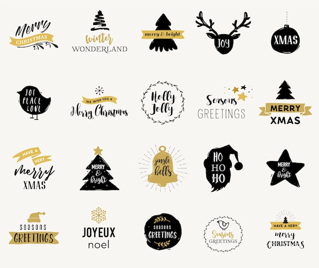 Cartões de feliz natal desenhados à mão, ilustrações e emblemas, coleção de design de letras