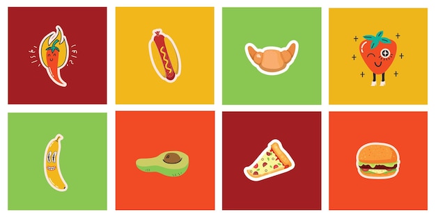 Cartões de fundo vetorial com ilustrações modernas de pizza de pimenta de abacate de banana louca e cachorro-quente