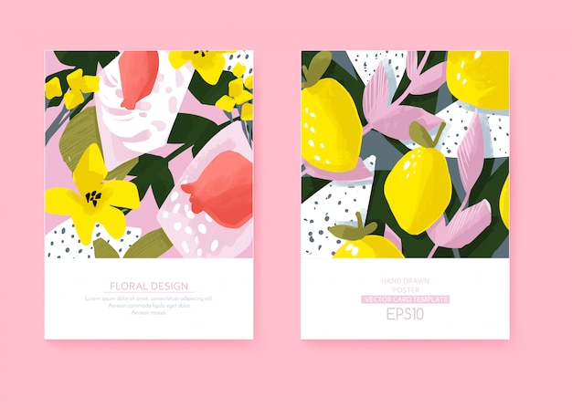 Cartões de giro do vetor com design floral e fruta. flores e folhas