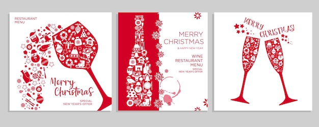 Cartões de menu de restaurante de fundo de natal de férias com copos de garrafas de vinho ícone de ano novo
