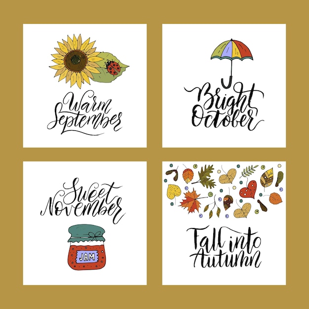 Cartões de outono com tipografia de letras de pincel