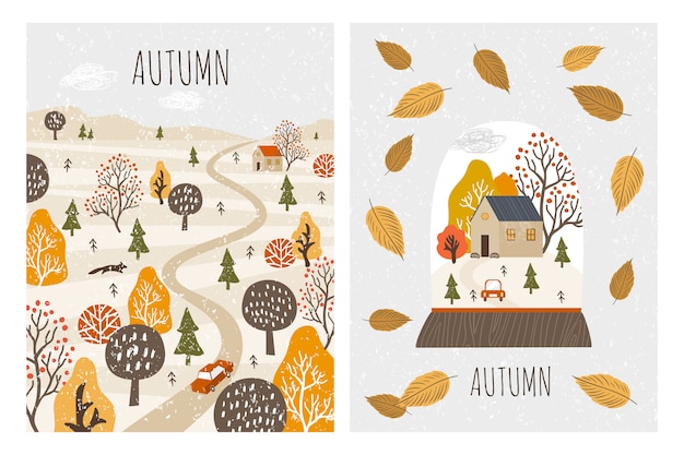 Cartões de paisagem de outono. outono
