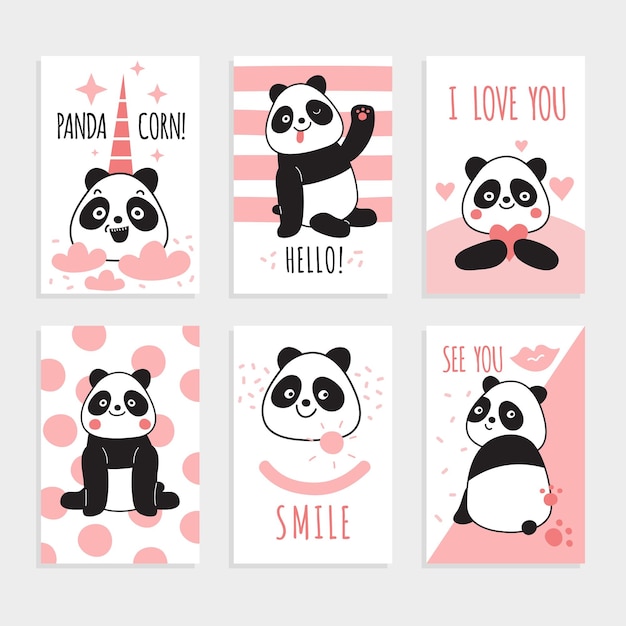 Cartões de panda bonito ursos chineses panda feliz com acessórios mágicos convites de festa de aniversário conjunto de vetores de desenhos animados de impressão colorida personagem de panda no cartão urso mamífero ilustração engraçada