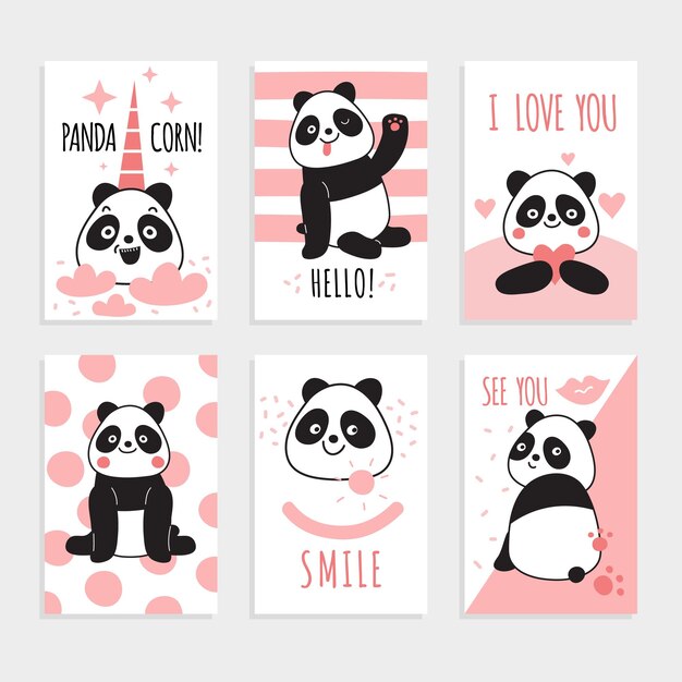 Cartões de panda bonito ursos chineses panda feliz com acessórios mágicos convites de festa de aniversário conjunto de vetores de desenhos animados de impressão colorida personagem de panda no cartão urso mamífero ilustração engraçada