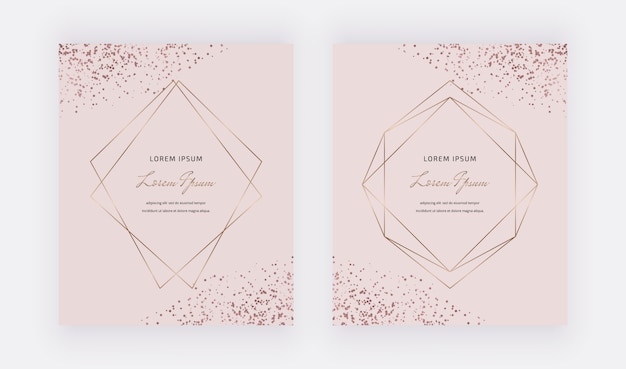 Cartões-de-rosa com quadros de linhas poligonais e confetes ouro rosa.