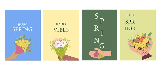 Cartões de saudação com tema de primavera com buquês de flores e cores vivas