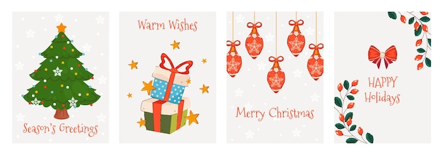 Cartões de saudação de Natal desenhados à mão para as férias coleção de ilustrações com árvore de Natal