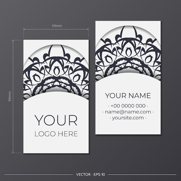 Cartões de visita de preparação de vetor de cor branca com ornamentos pretos vintage. modelo para impressão de design de cartão de visita com padrões de mandala.