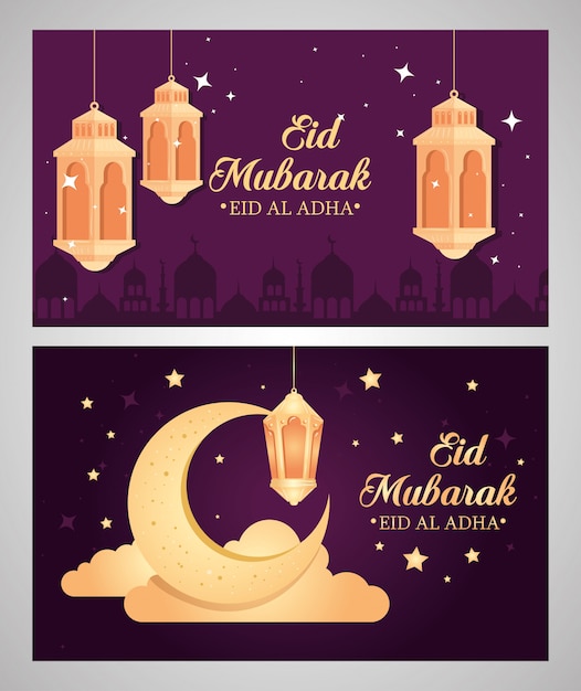 Cartões, eid al adha mubarak, feliz festa de sacrifício, com decoração