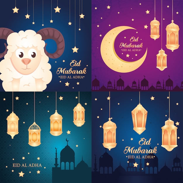 Cartões, eid al adha mubarak, feliz festa de sacrifício, com decoração