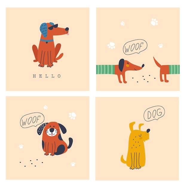 Cartões fofos ou pôster com ilustrações vetoriais de cães