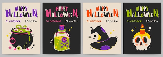 Cartões ou cartazes de festa de Halloween com poção de chapéu de caligrafia