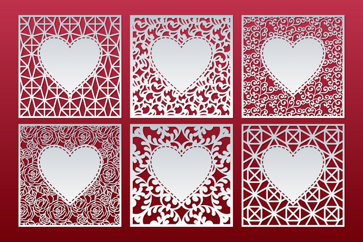 Cartões padronizados cortados a laser cravejados de corações. Modelos de painel quadrado.