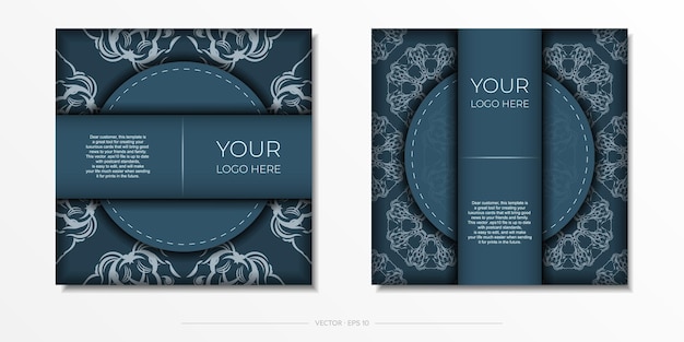 Cartões postais vetoriais quadrados na cor azul com ornamentos de luz de luxo design de cartão de convite com padrões vintage