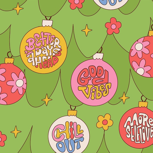 Cartões quadrados de natal retrô com saudações hippie em bolas decorativas árvore de natal com flores