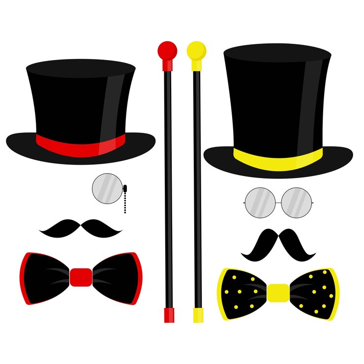 Vetor cartola preta, gravata borboleta, monóculo e bigode. ilustração em vetor elegante em fundo branco para cartão-presente, certificado, banner, logotipo.
