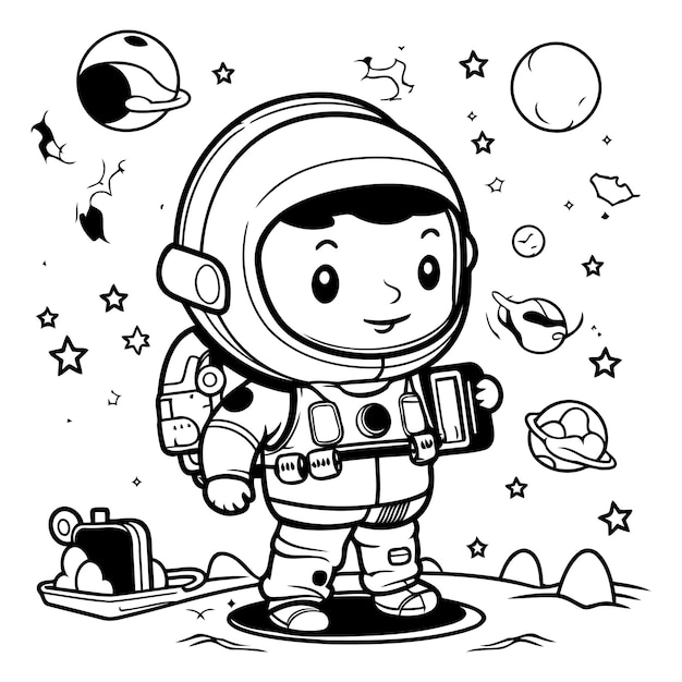 Vetor cartoon astronauta no espaço ilustração vetorial em preto e branco para livro de colorir