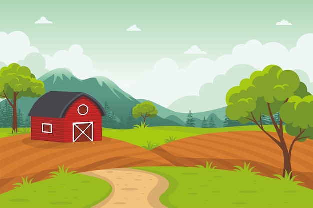 Cartoon Barn House com bela paisagem rural, agricultura e pecuária