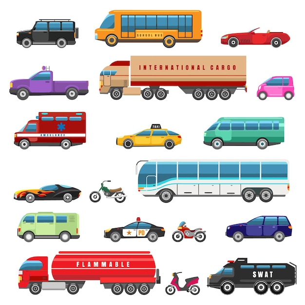 Cartoon bicicletas caminhões e transportes públicos Van e motocicleta táxi e elétrico carro híbrido cidade veh