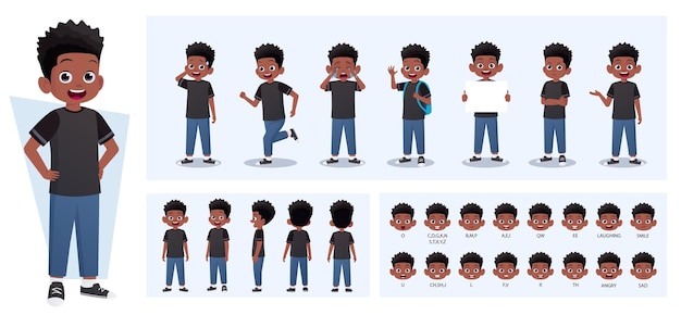 Vetor cartoon black boy construtor de personagens com gestos emoções e ações criança lado dianteiro visão traseira partes móveis para animação e ilustração vetorial lipsync