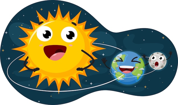 Cartoon bonito Terra e Lua orbitando o sol isolado em fundo branco