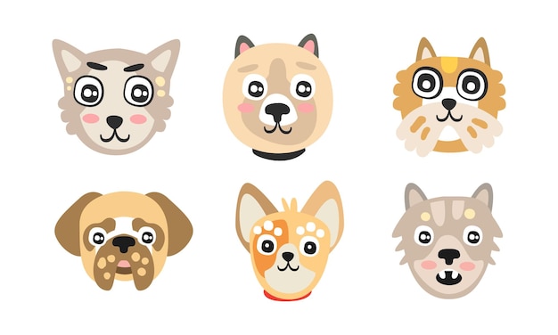 Vetor cartoon cats and dogs muzzle vector set (conjunto de vetores de focinho de gatos e cães de desenho animado)
