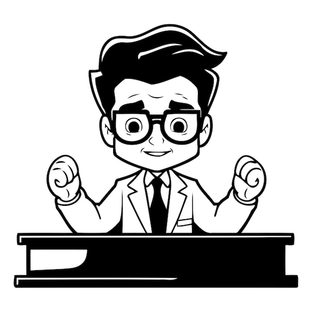 Vetor cartoon cientista ou professor de óculos sentado à mesa ilustração vetorial