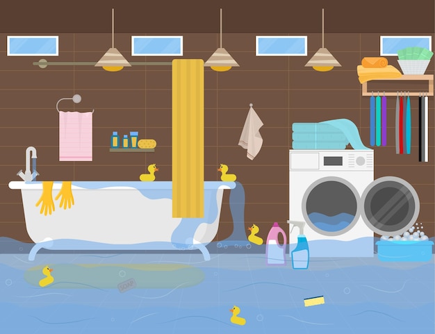 Cartoon color inundação no banheiro dentro do interior acidente desastre emergência ou danos cena conceito design plano ilustração vetorial