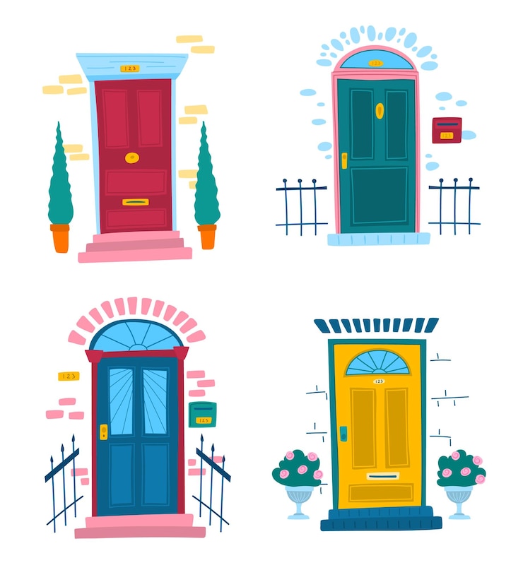 Vetor cartoon color vintage portas da frente set vector