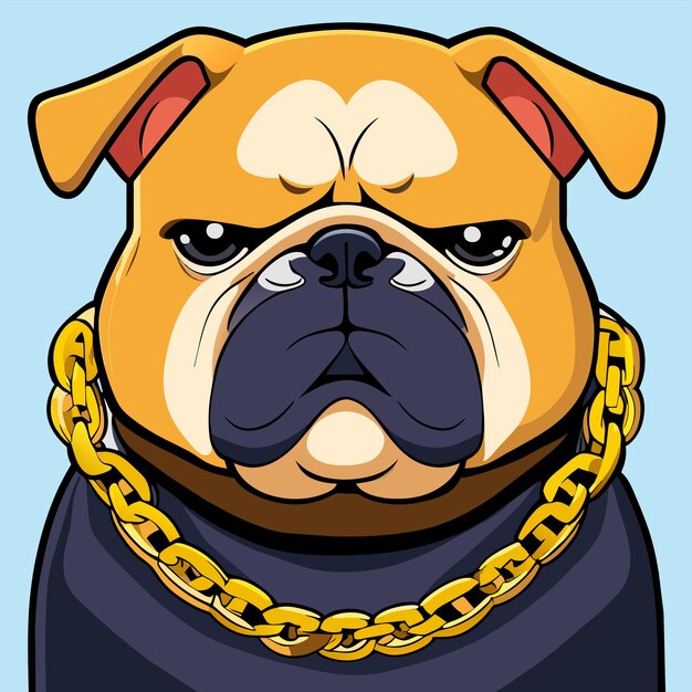 Cartoon de bulldog usando cadeia de ouro desenhado à mão plano estiloso adesivo de desenho animado conceito de ícone isolado