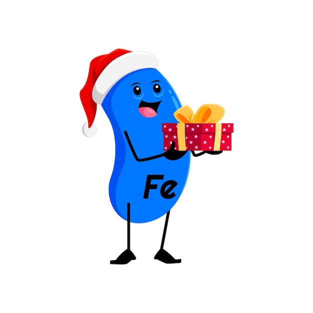 Cartoon de natal ferro ou ferrum personagem de micronutrientes vestindo chapéu de papai noel e segurando caixa de presentes festivos, espalhando alegria de férias com seu sorriso feliz alegre.