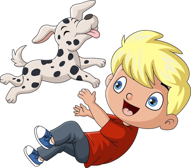 Vetor cartoon de um menino bonito a brincar com o seu cão