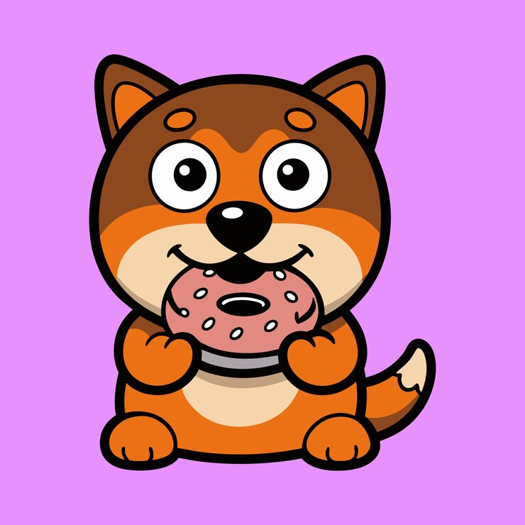 Vetor cartoon de um rottweiler bonito comendo um donut