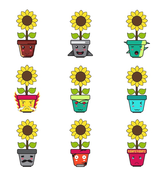 Cartoon de vaso e flor de girassol com emoticon bonito definido para elemento de design ou adesivo