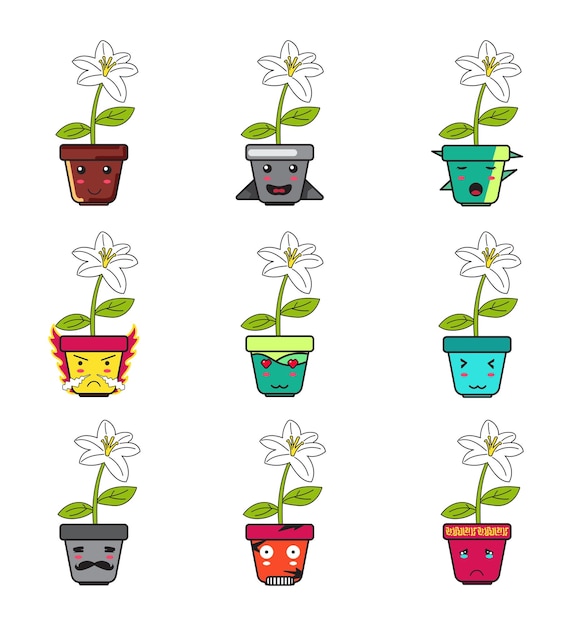 Cartoon de vaso e flor de lírio com emoticon bonito definido para elemento de design ou adesivo