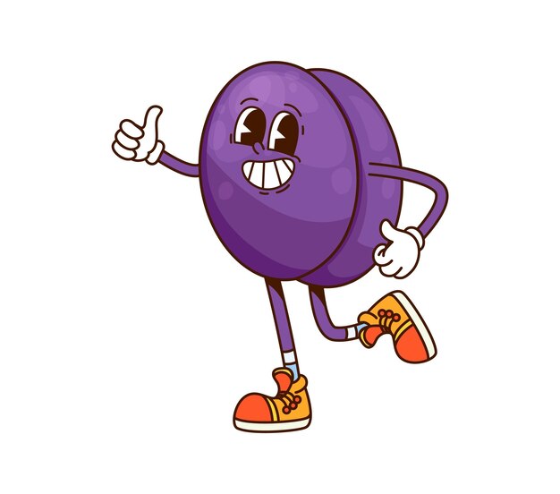 Cartoon engraçado groovy fruta de ameixa personagem retro