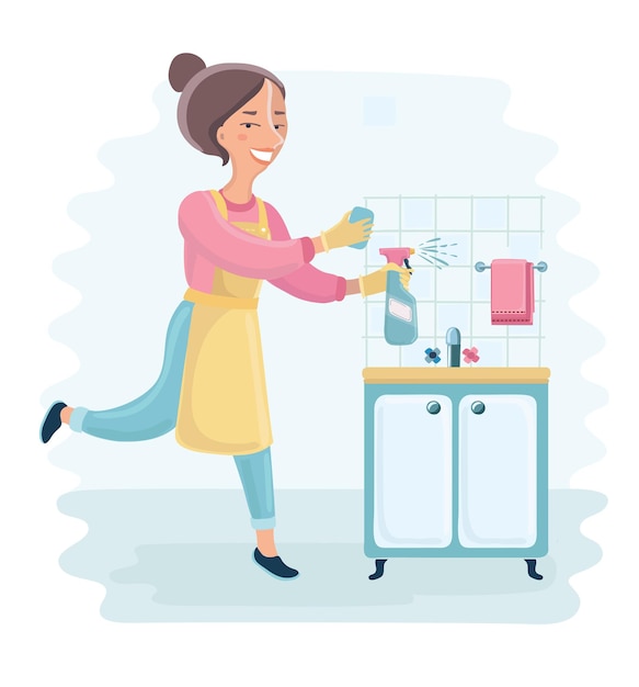 cartoon engraçado ilustração de uma dona de casa segurando um spray de limpeza e limpando a cozinha