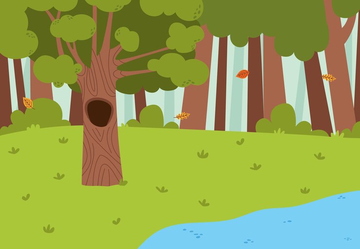 Vetor cartoon floresta e lago árvore verde e folhas caindo ilustração de livro crianças jogo local vazio zona de recreação ou parque cena vetorial