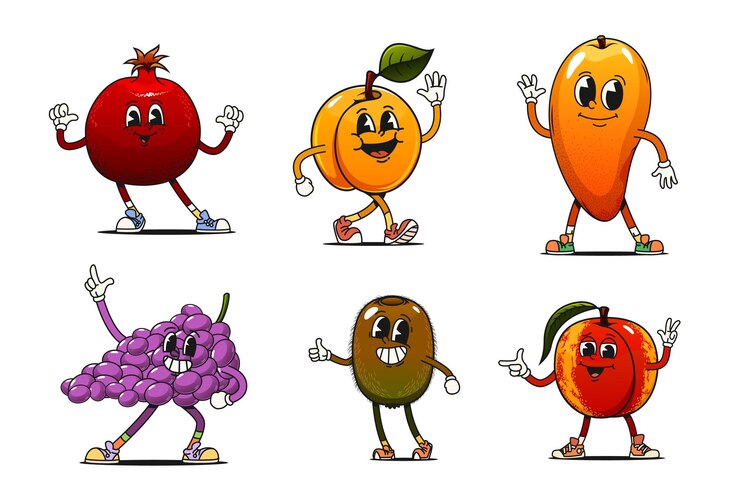Vetor cartoon frutas groovy personagens retrô brincalhões